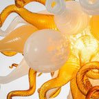 Autumn Amber Gold & White Murano Style Blown Curled Glass Chandelier Organic Sculptural Art Pendant Light