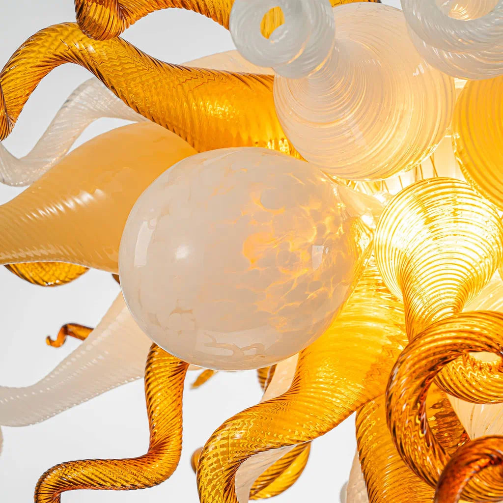 Autumn Amber Gold & White Murano Style Blown Curled Glass Chandelier Organic Sculptural Art Pendant Light