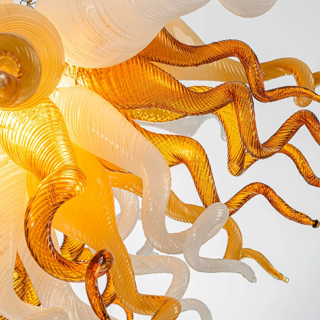 Autumn Amber Gold & White Murano Style Blown Curled Glass Chandelier Organic Sculptural Art Pendant Light