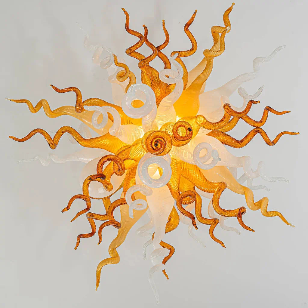 Autumn Amber Gold & White Murano Style Blown Curled Glass Chandelier Organic Sculptural Art Pendant Light