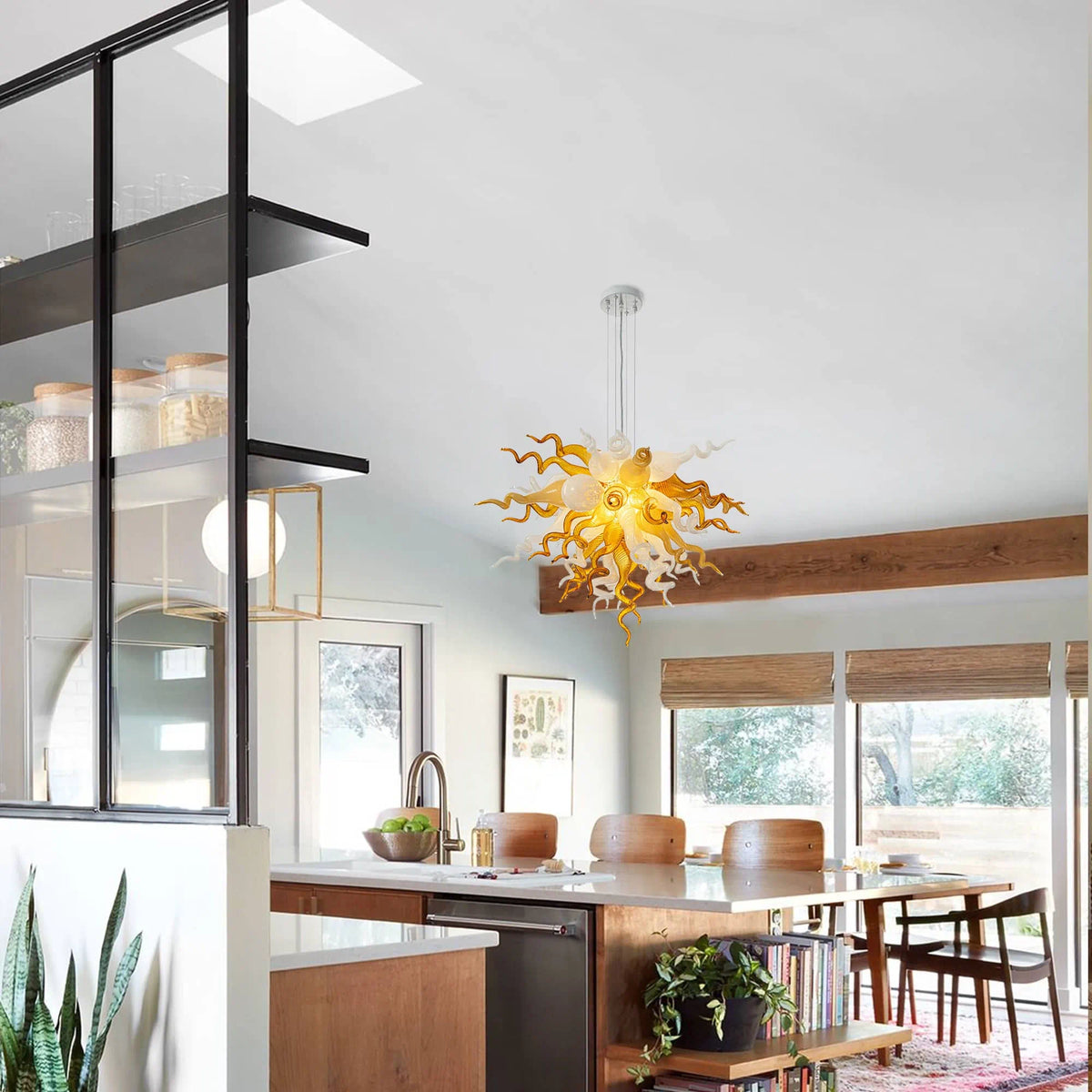 Autumn Amber Gold & White Murano Style Blown Curled Glass Chandelier Organic Sculptural Art Pendant Light