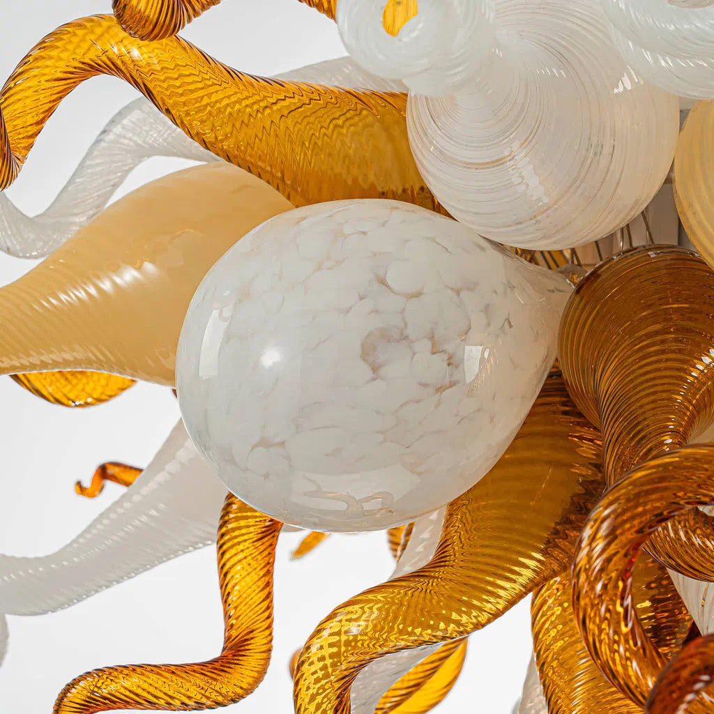 Autumn Amber Gold & White Murano Style Blown Curled Glass Chandelier Organic Sculptural Art Pendant Light