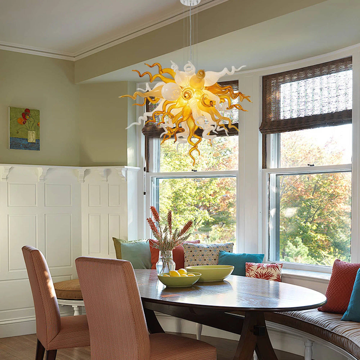 Autumn Amber Gold & White Murano Style Blown Curled Glass Chandelier Organic Sculptural Art Pendant Light