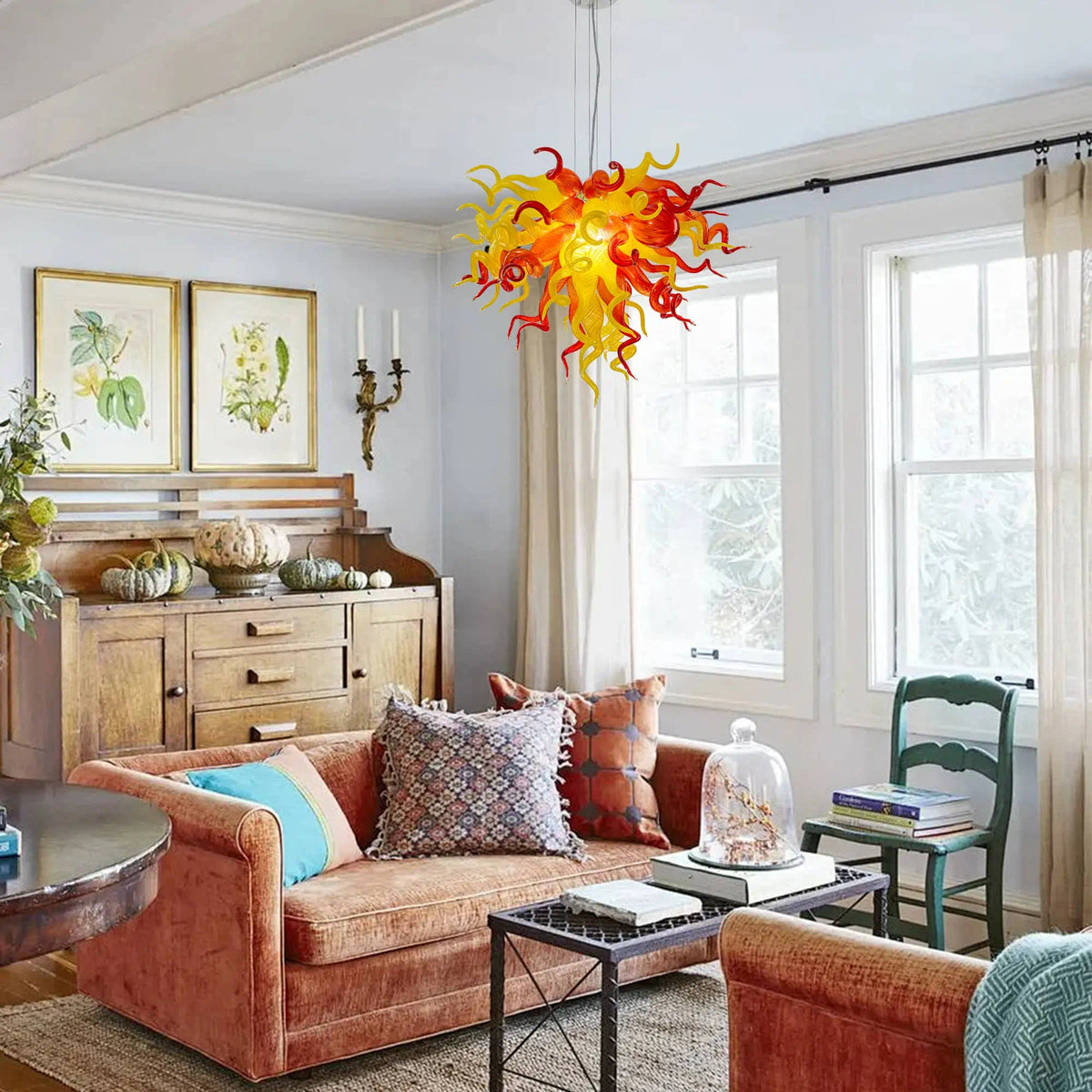 Murano-Style Hand-Blown Glass Art Chandelier Red & Yellow Flame-Inspired Sculptural Pendant Light