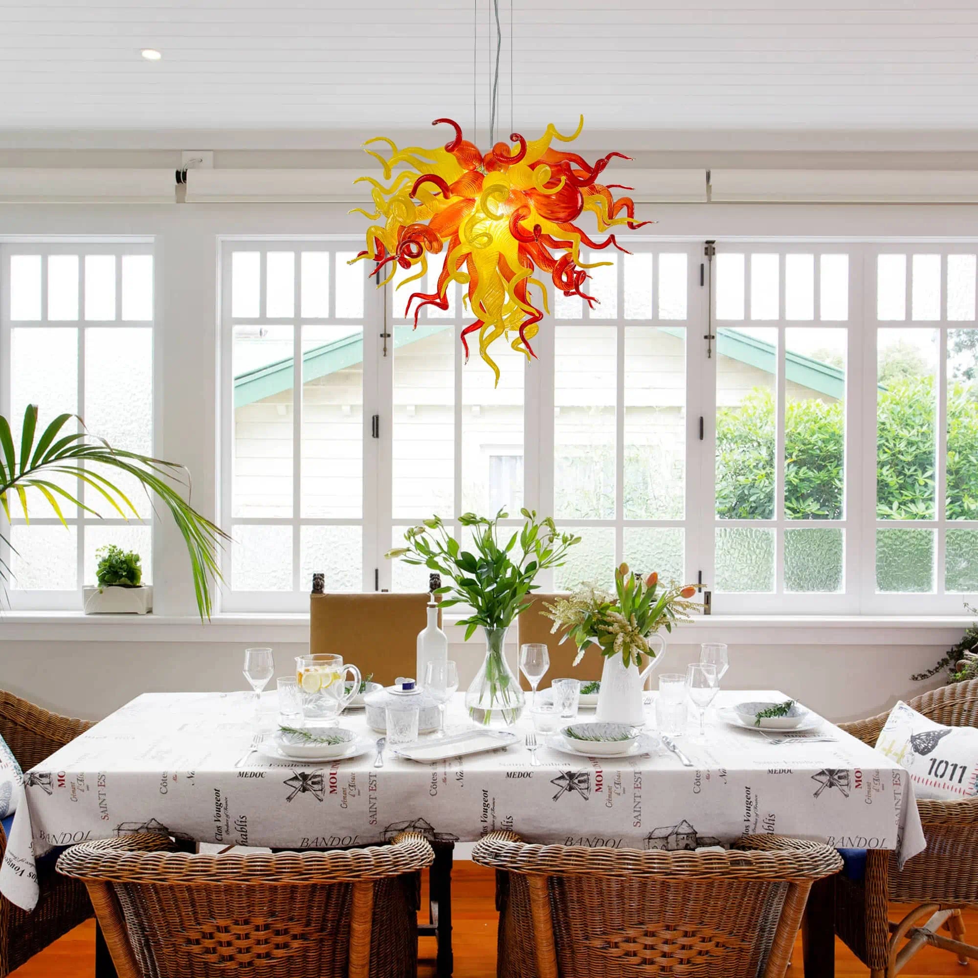 Murano-Style Hand-Blown Glass Art Chandelier Red & Yellow Flame-Inspired Sculptural Pendant Light