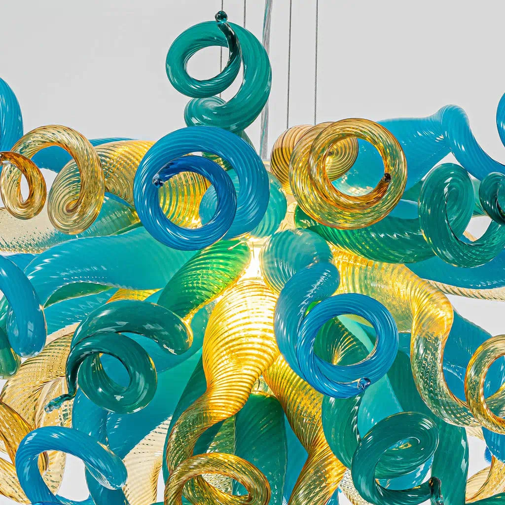 Murano-Style Green Hand-Blown Glass Chandelier Turquoise Teal & Gold Sculptural Art Pendant Light