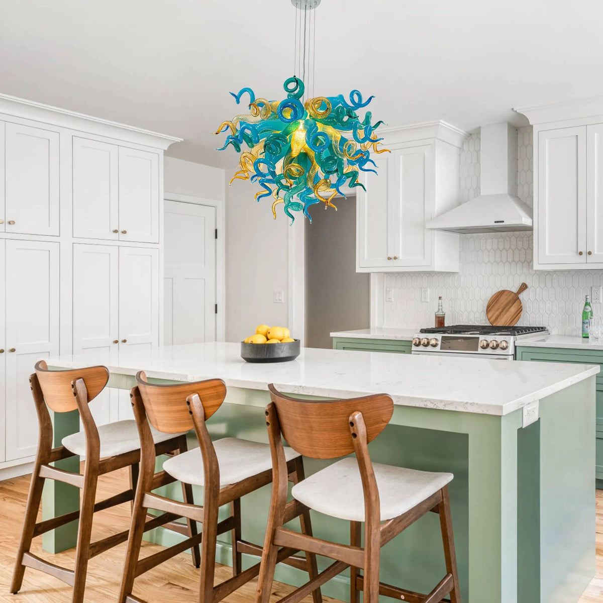 Murano-Style Green Hand-Blown Glass Chandelier Turquoise Teal & Gold Sculptural Art Pendant Light