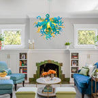 Murano-Style Green Hand-Blown Glass Chandelier Turquoise Teal & Gold Sculptural Art Pendant Light
