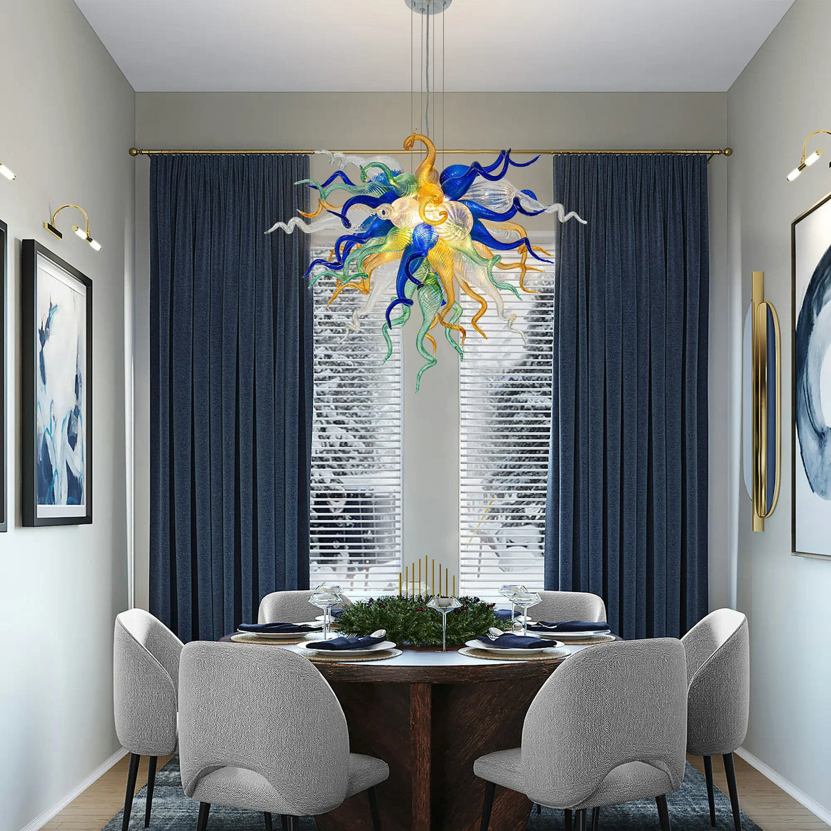 Murano-Style Hand-Blown Glass Art Chandelier Chihuly-Style Multicolor Sculptural Pendant Light