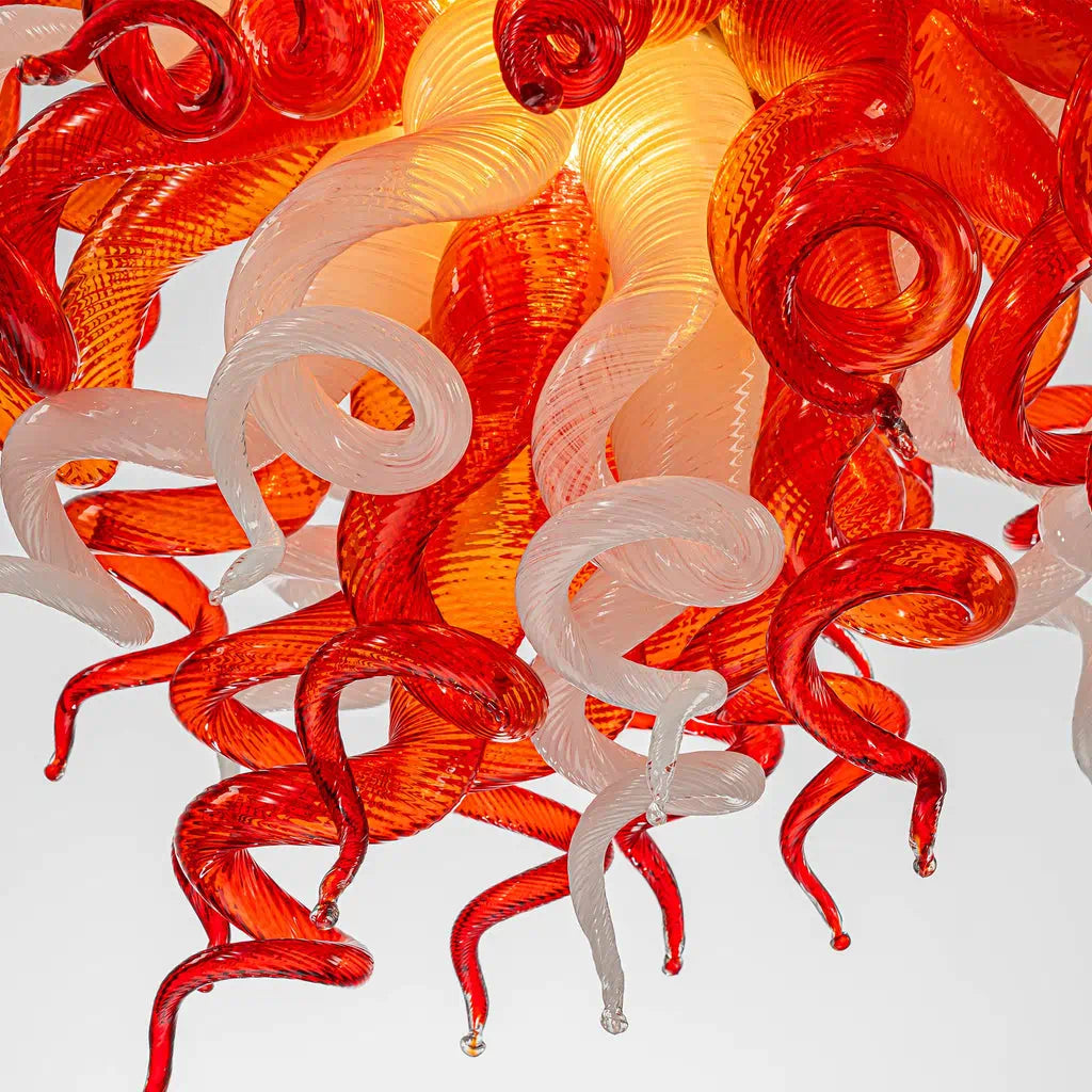 Murano-Inspired Hand-Blown Glass Chandelier Chihuly-Style Red & White Sculptural Art Pendant Light