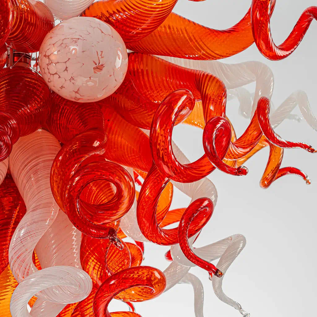 Murano-Inspired Hand-Blown Glass Chandelier Chihuly-Style Red & White Sculptural Art Pendant Light