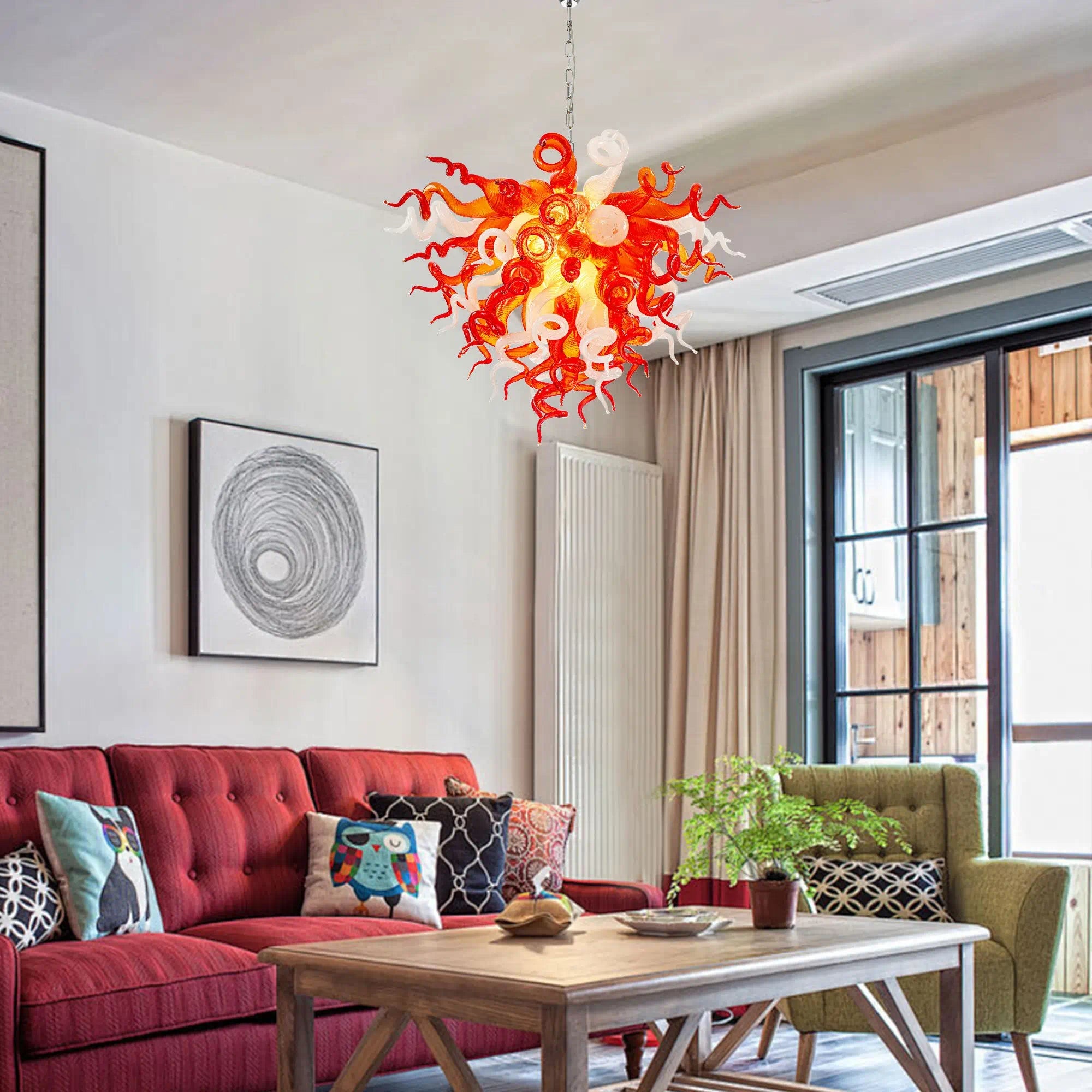 Murano-Inspired Hand-Blown Glass Chandelier Chihuly-Style Red & White Sculptural Art Pendant Light