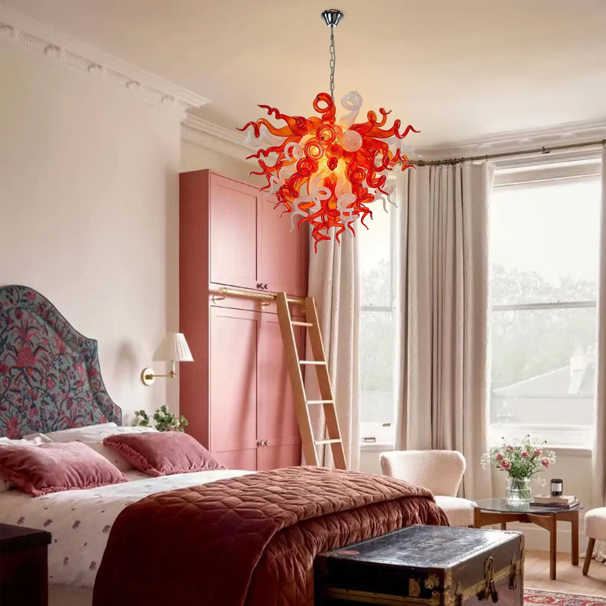 Murano-Inspired Hand-Blown Glass Chandelier Chihuly-Style Red & White Sculptural Art Pendant Light