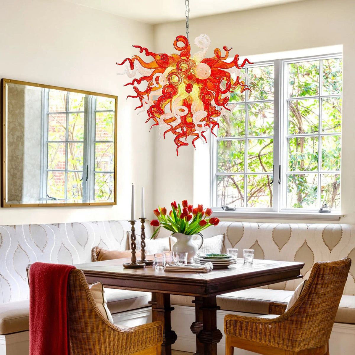 Murano-Inspired Hand-Blown Glass Chandelier Chihuly-Style Red & White Sculptural Art Pendant Light