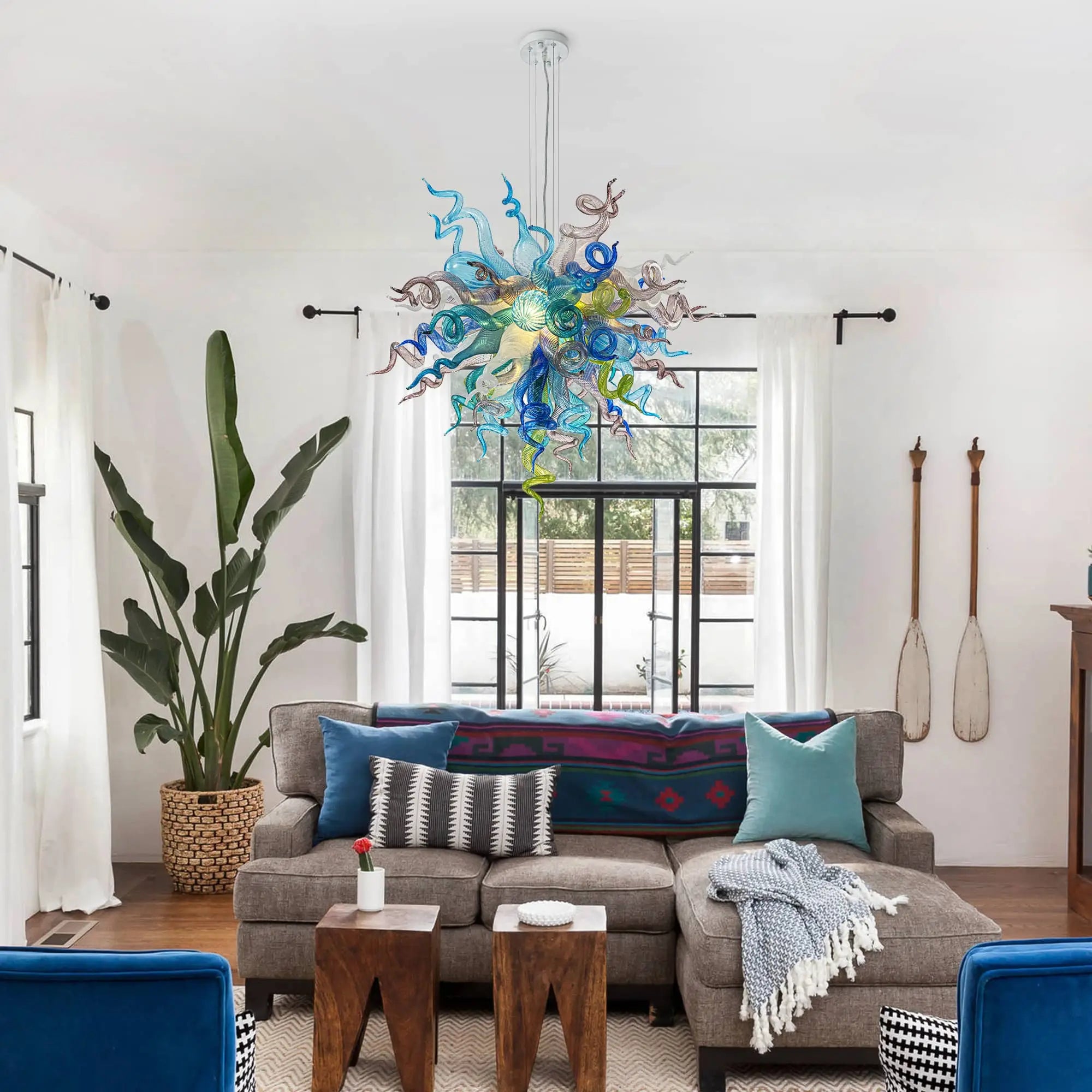 Murano Style Hand-Blown Glass Chandelier Chihuly-Style Colorful Artisan Ribbon Cluster Pendant Light
