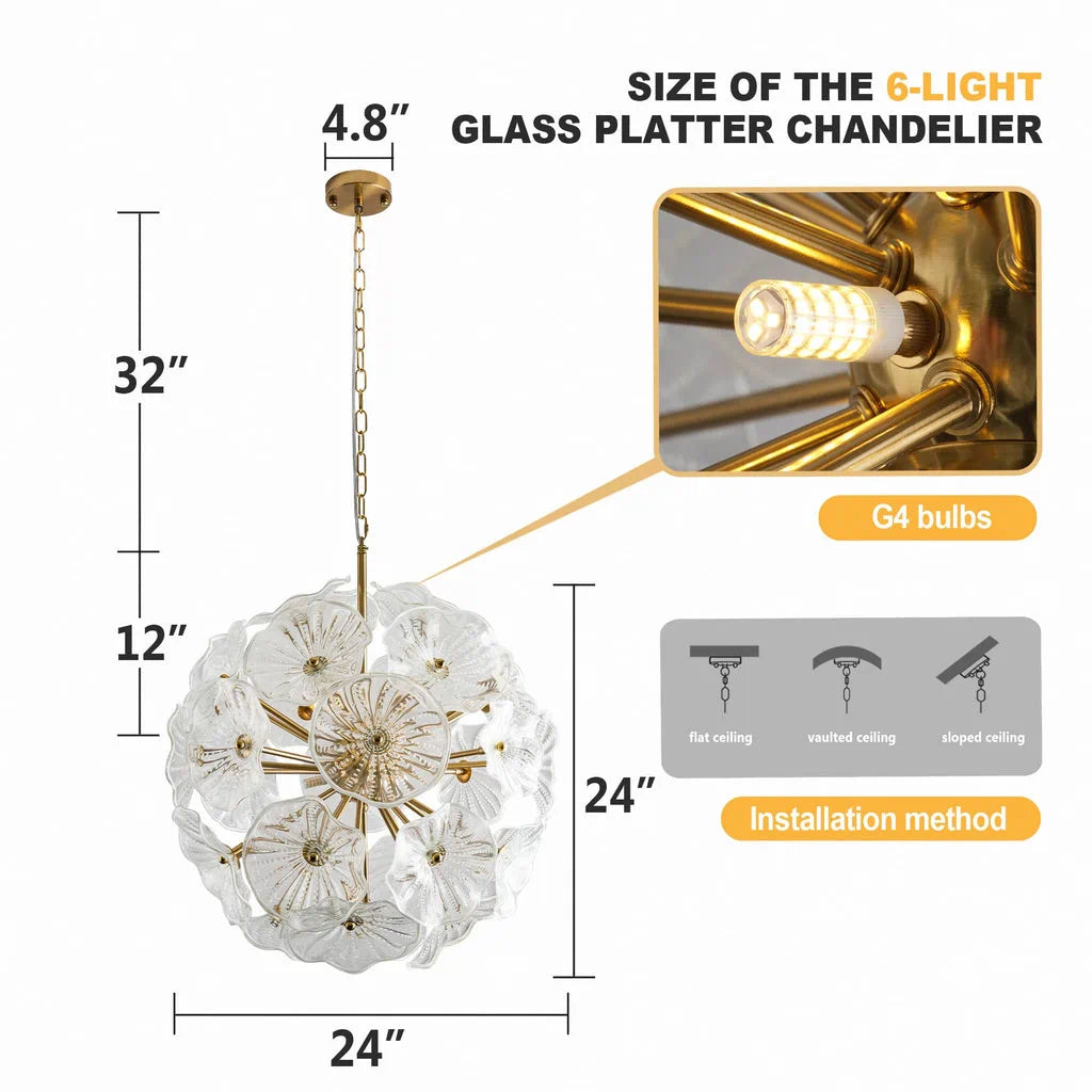 Round Clear Murano Style Glass Flower Plate Chandelier Sphere Floral Disc Pendant Light