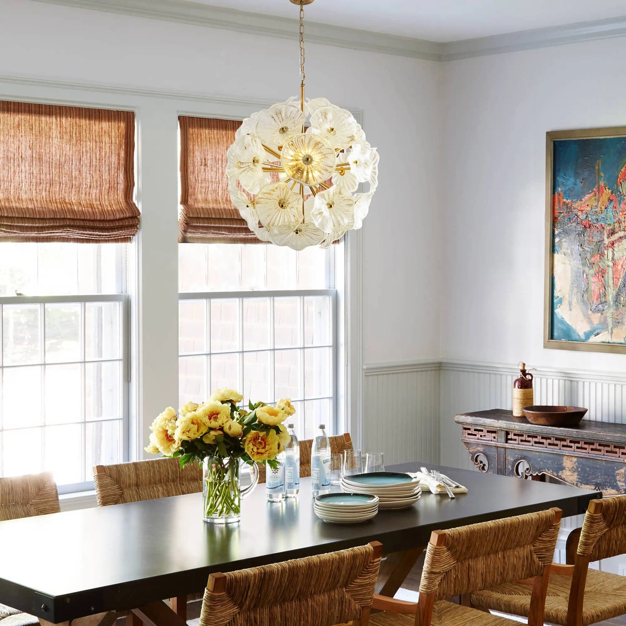 Round Clear Murano Style Glass Flower Plate Chandelier Sphere Floral Disc Pendant Light