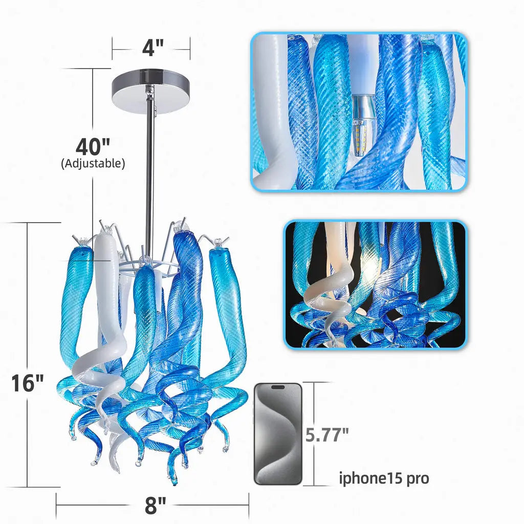 Small Modern Blue and White Hand-Blown Glass Pendant Light Artistic Spiral Chandelier for Contemporary Interiors
