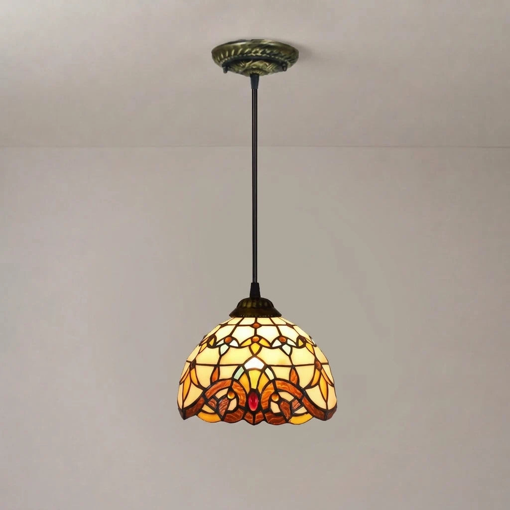 Tiffany Style Stained Glass Pendant Light Vintage Decoration Hanging Lamp with Amber Floral Art Shade