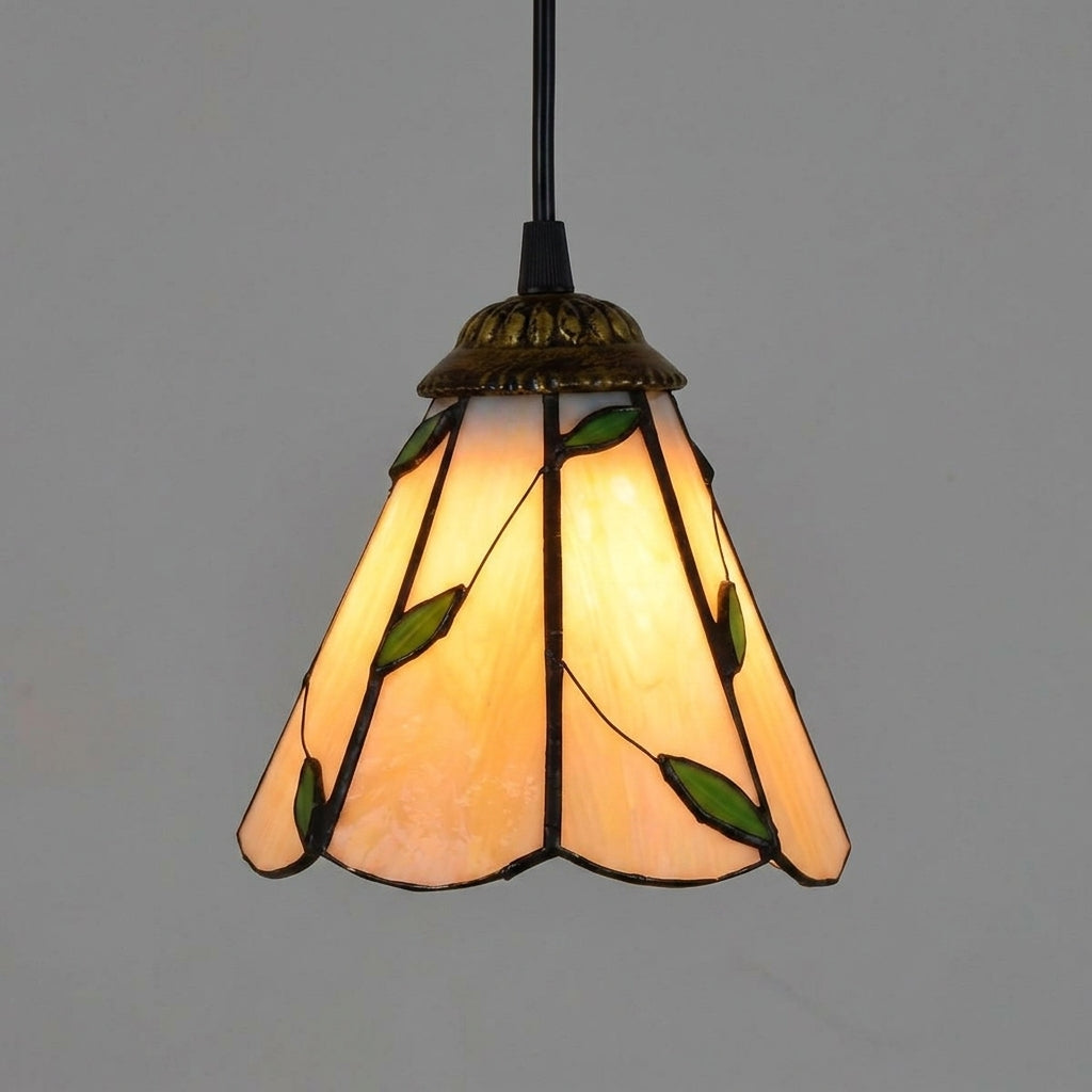 Retro Tiffany Style Stained Glass Pendant Light Traditional Farmhouse Small Pendant Lamp with Leaf Motif
