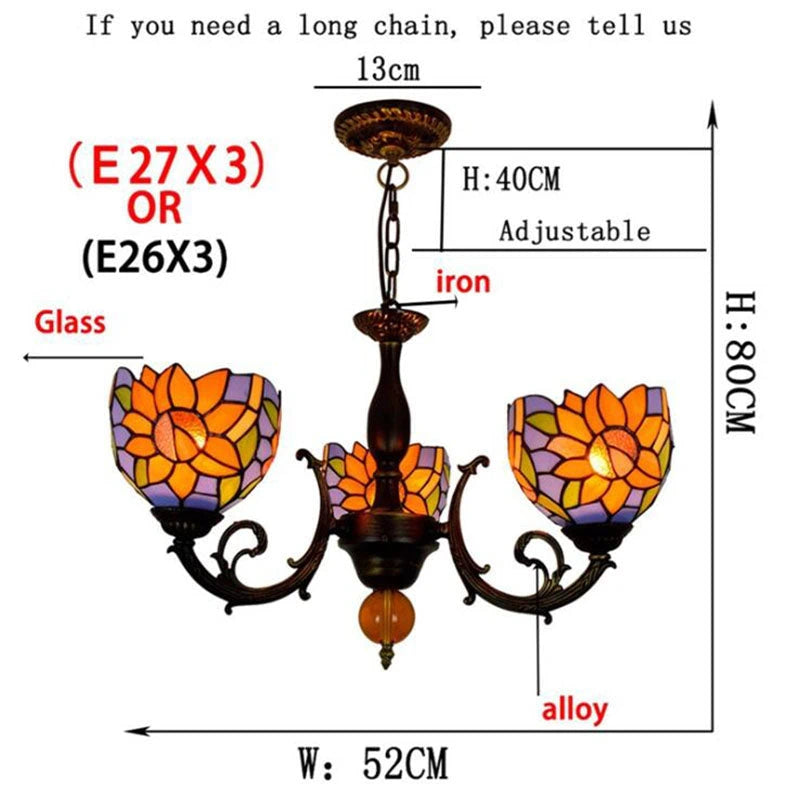 Tiffany Style 3-Light Sunflower Stained Glass Chandelier American Pastoral Pendant Light with Antique Bronze Frame