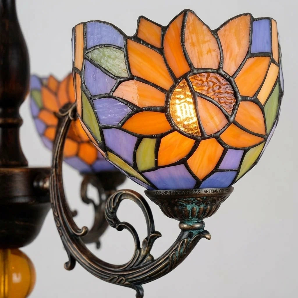 Tiffany Style 3-Light Sunflower Stained Glass Chandelier American Pastoral Pendant Light with Antique Bronze Frame