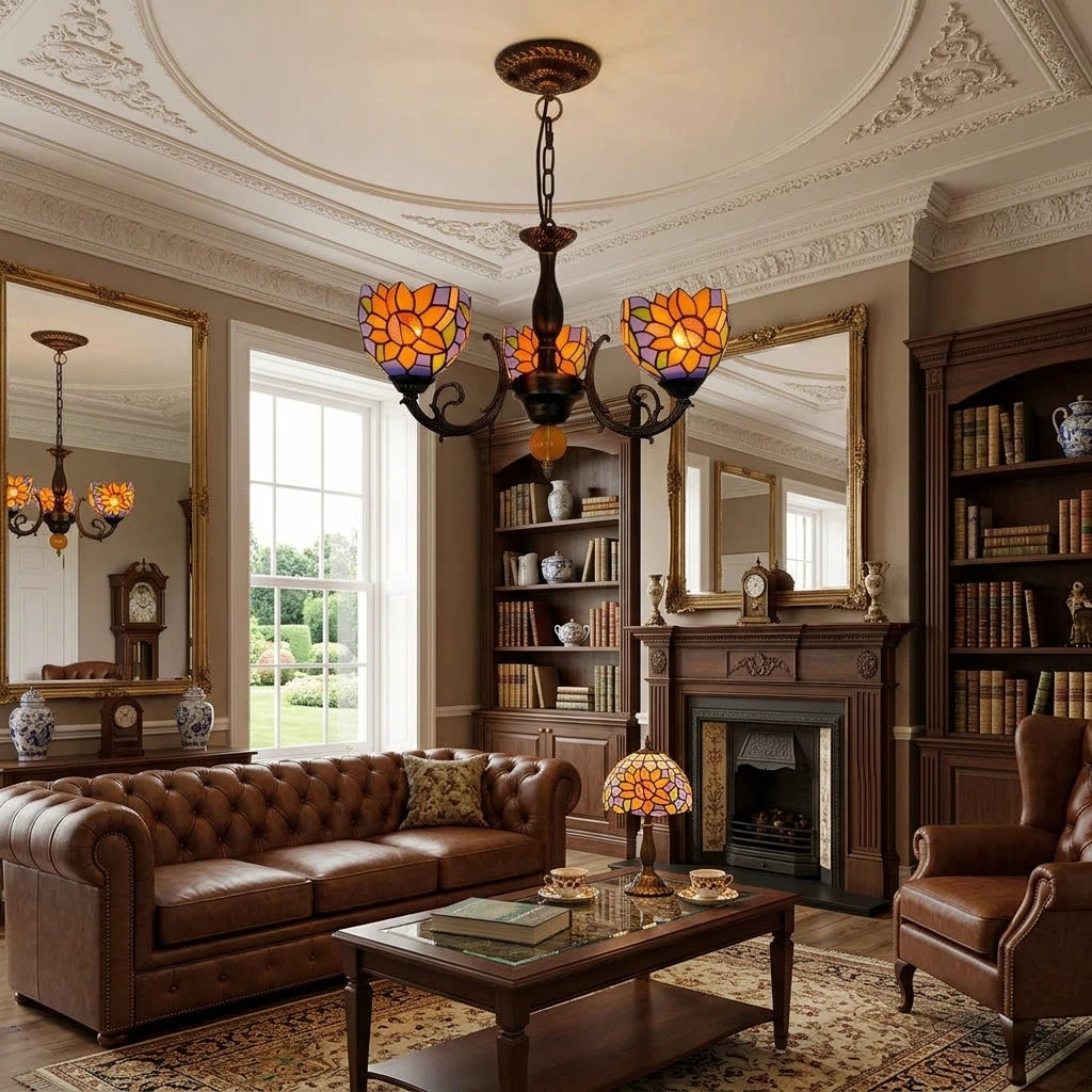 Tiffany Style 3-Light Sunflower Stained Glass Chandelier American Pastoral Pendant Light with Antique Bronze Frame