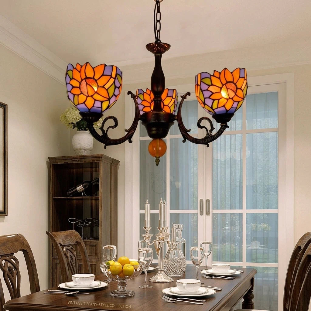 Tiffany Style 3-Light Sunflower Stained Glass Chandelier American Pastoral Pendant Light with Antique Bronze Frame