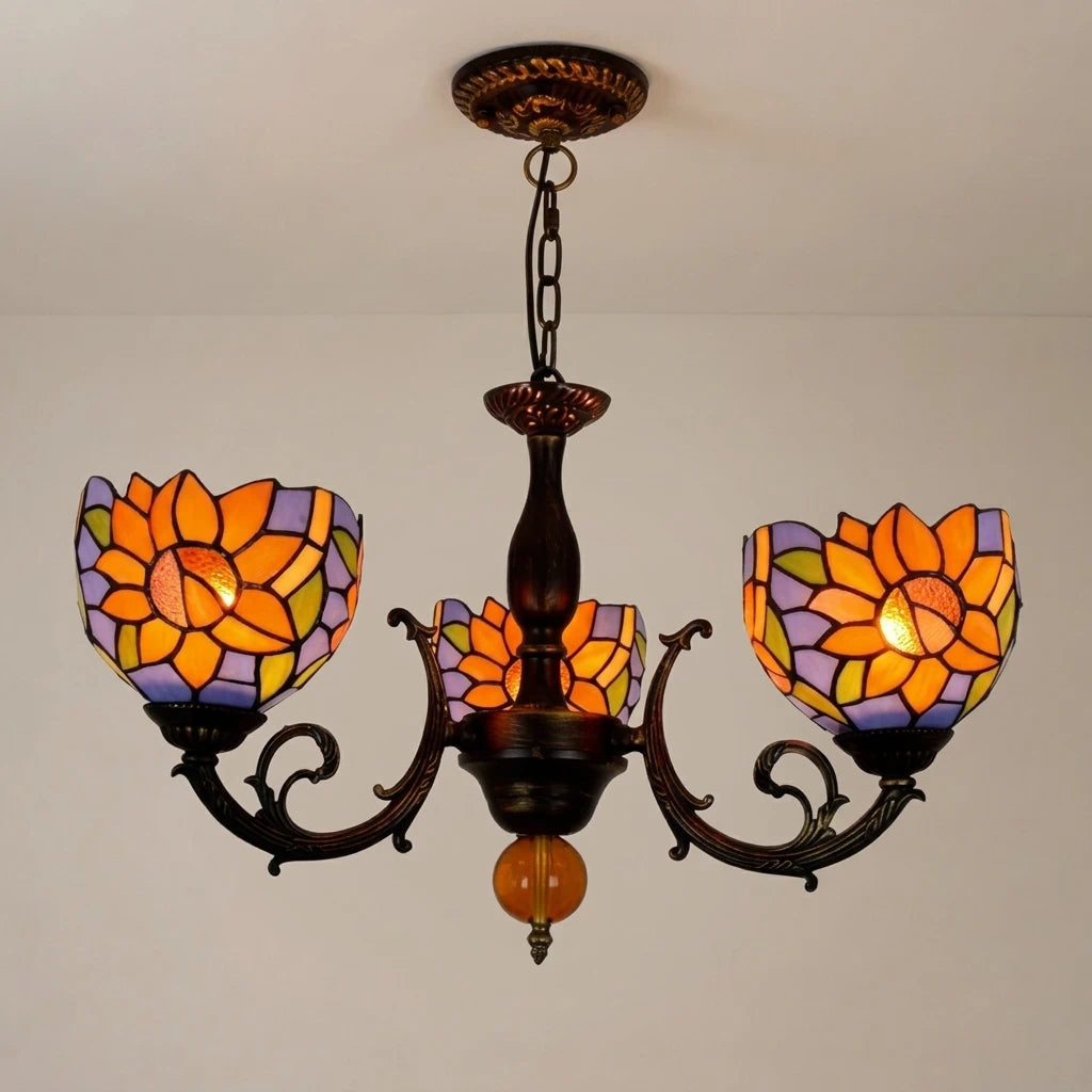 Tiffany Style 3-Light Sunflower Stained Glass Chandelier American Pastoral Pendant Light with Antique Bronze Frame
