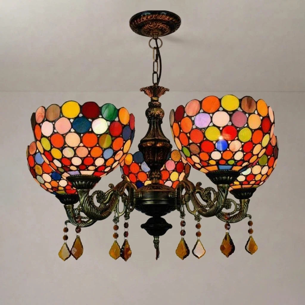 Tiffany Style Multi-Color Polka Dot 5-Light Chandelier Vintage Pastoral Stained Glass Pendant Ceiling Light