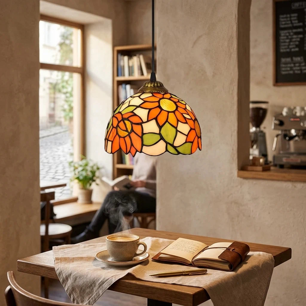Tiffany Style Floral Stained Glass Pendant Light Orange Flower Vintage Deco Art Hanging Lamp