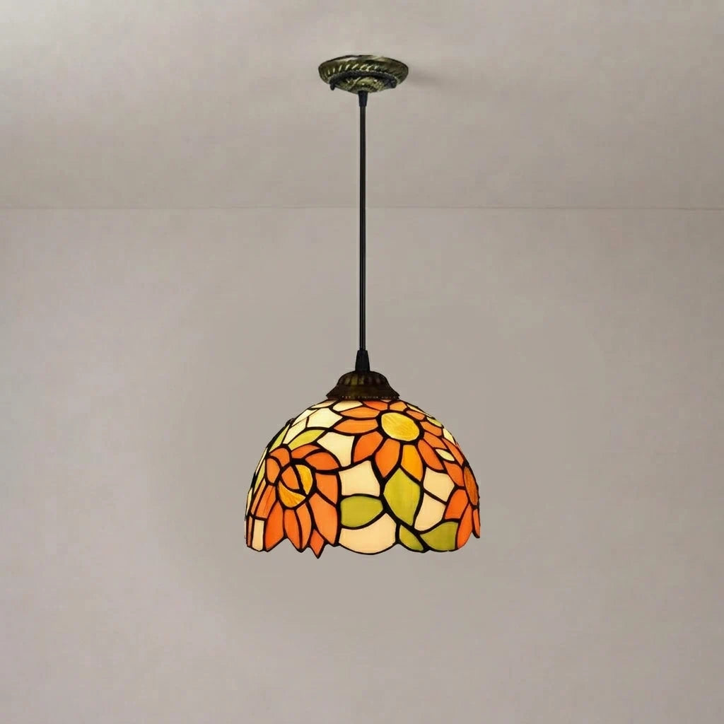 Tiffany Style Floral Stained Glass Pendant Light Orange Flower Vintage Deco Art Hanging Lamp