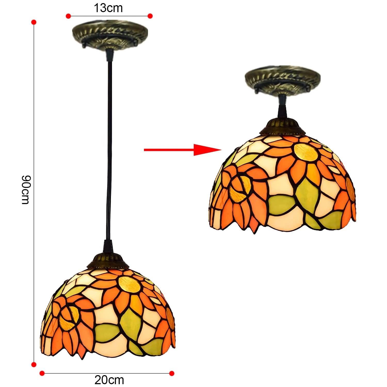 Tiffany Style Floral Stained Glass Pendant Light Orange Flower Vintage Deco Art Hanging Lamp
