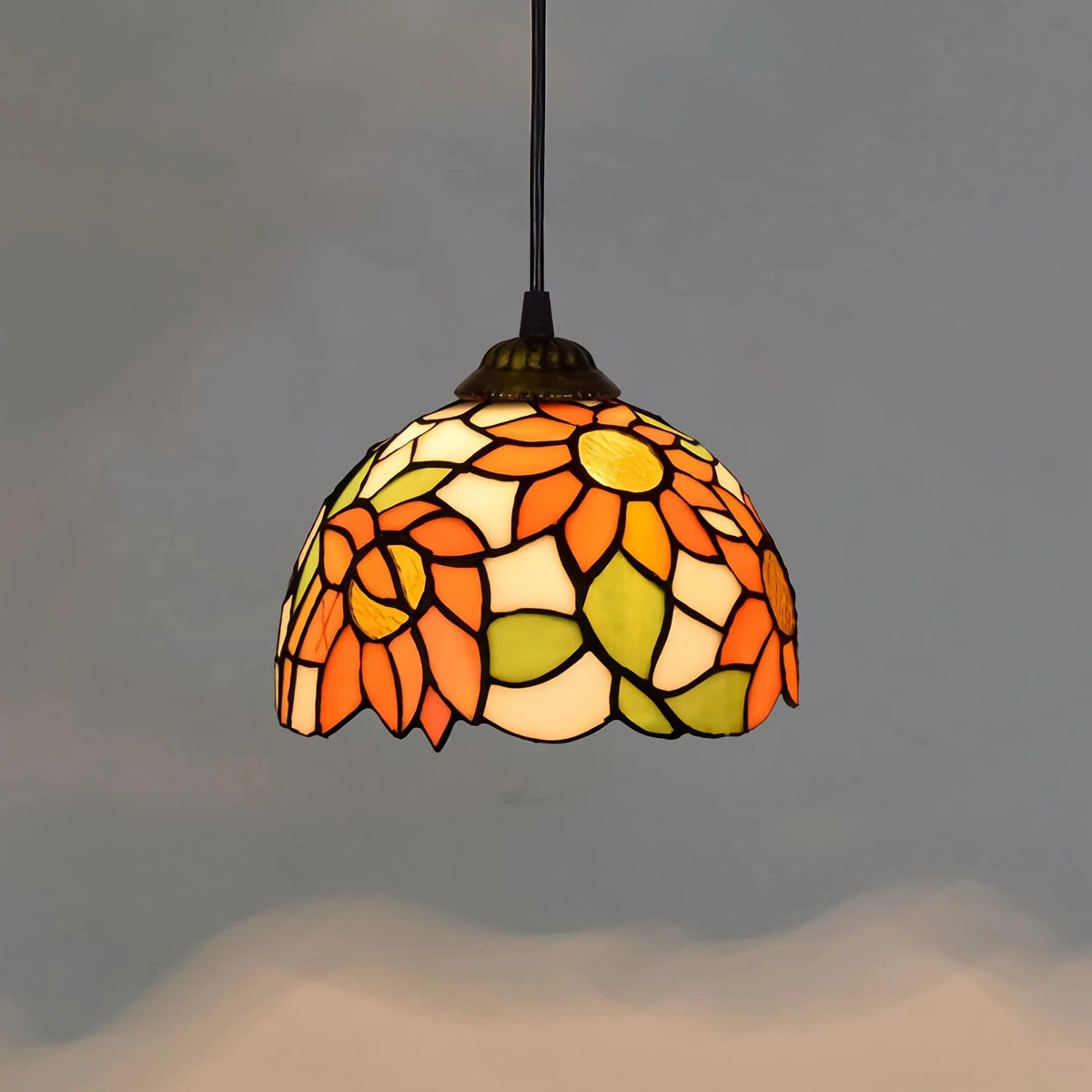 Tiffany Style Floral Stained Glass Pendant Light Orange Flower Vintage Deco Art Hanging Lamp