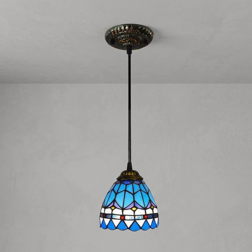 Tiffany Style Blue Stained Glass Mini Pendant Light Vintage Mediterranean Hanging Lamp