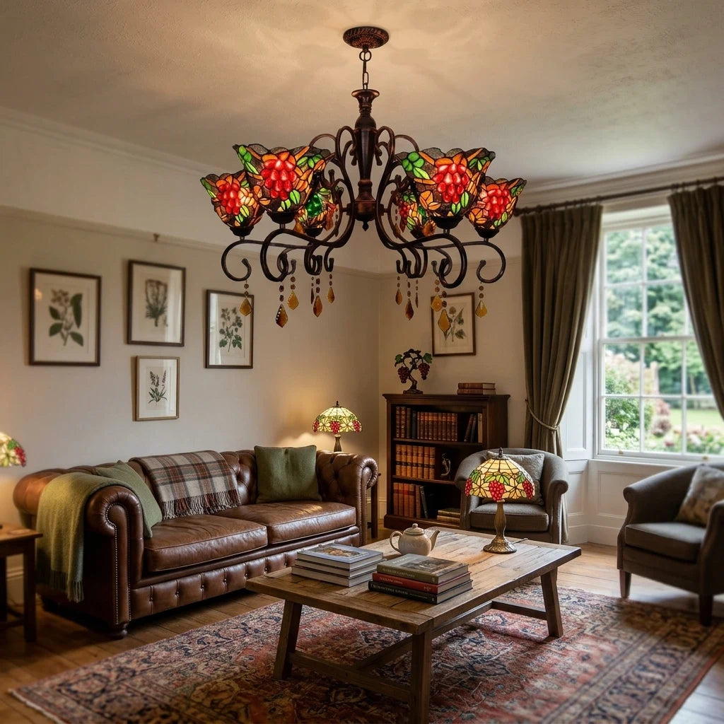 Tiffany Style Grape Stained Glass Chandelier 6-Light Vintage Pastoral Pendant Ceiling Fixture
