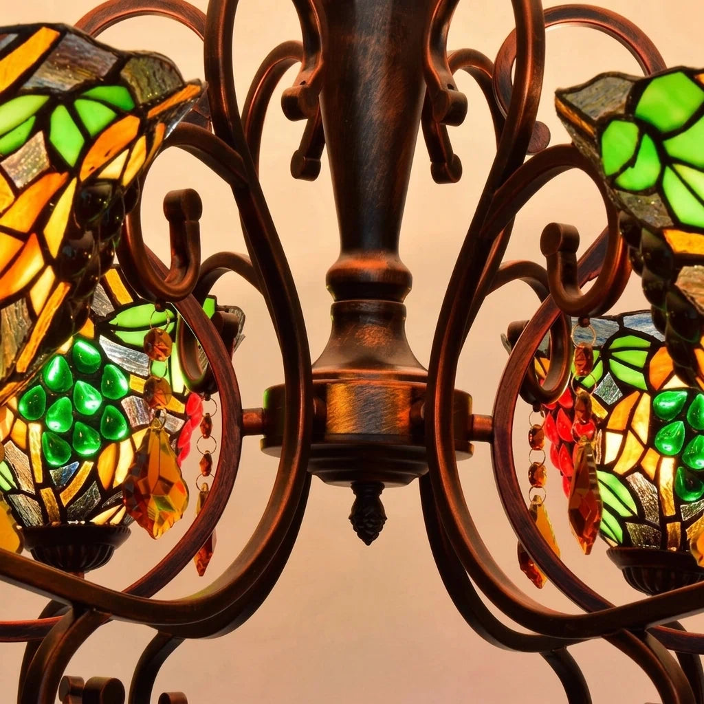 Tiffany Style Grape Stained Glass Chandelier 6-Light Vintage Pastoral Pendant Ceiling Fixture