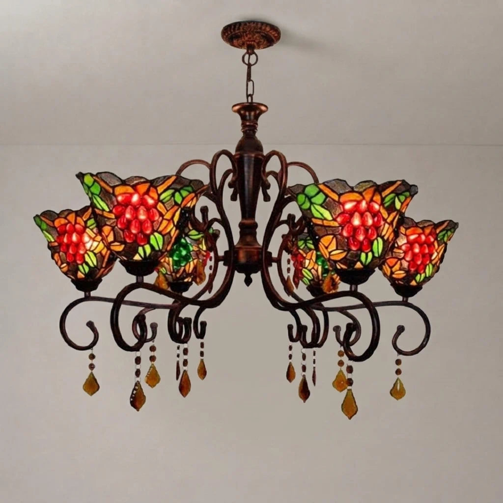 Tiffany Style Grape Stained Glass Chandelier 6-Light Vintage Pastoral Pendant Ceiling Fixture