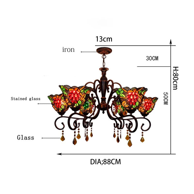 Tiffany Style Grape Stained Glass Chandelier 6-Light Vintage Pastoral Pendant Ceiling Fixture