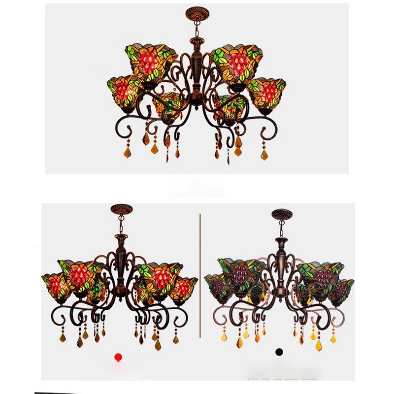 Tiffany Style Grape Stained Glass Chandelier 6-Light Vintage Pastoral Pendant Ceiling Fixture