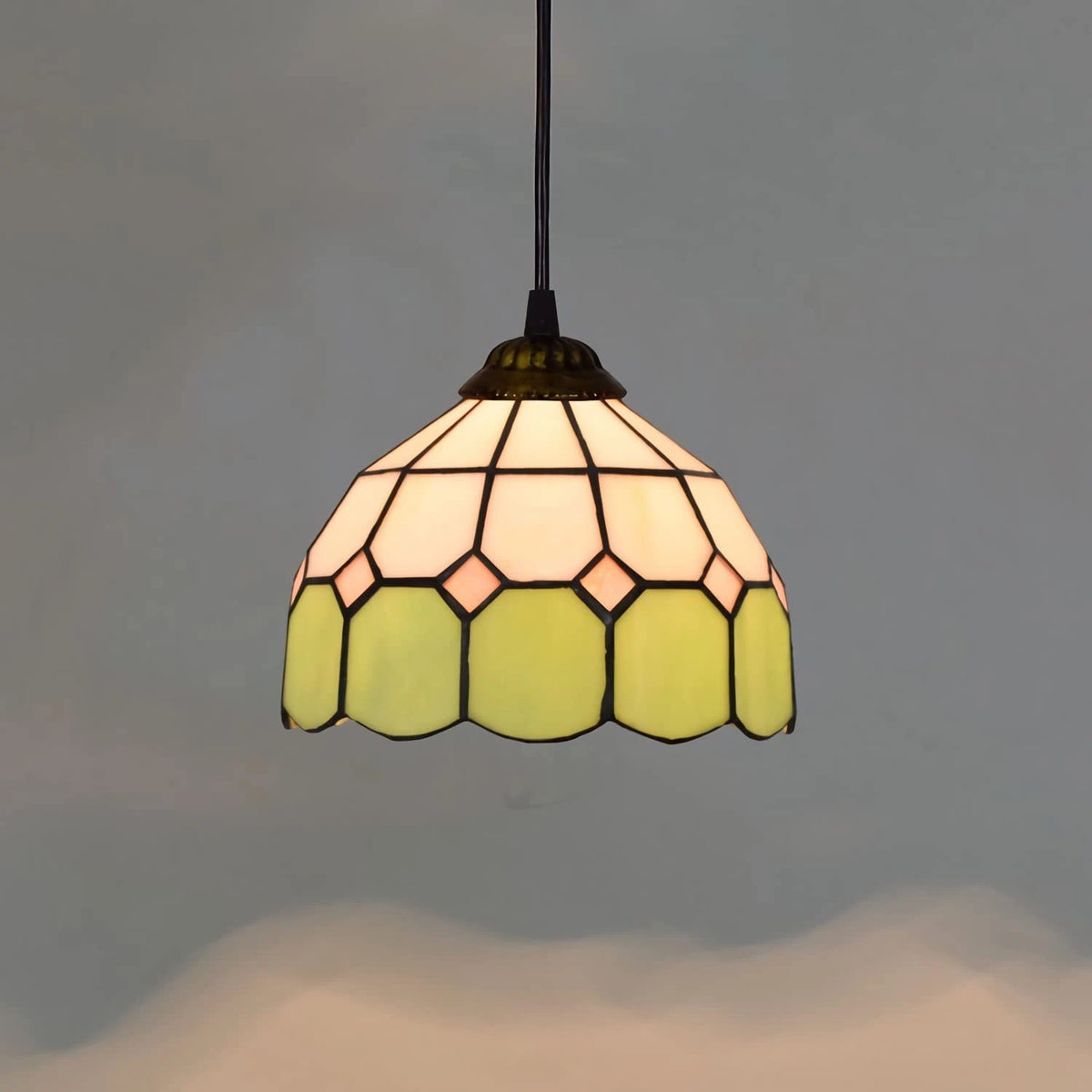 Tiffany Style Stained Glass Pendant Light Green and White Floral Mosaic Hanging Lamp