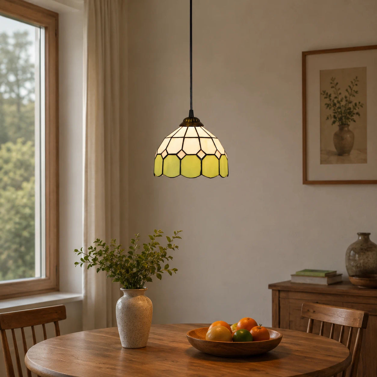 Tiffany Style Stained Glass Pendant Light Green and White Floral Mosaic Hanging Lamp