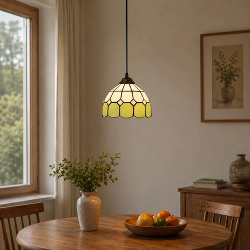 Tiffany Style Stained Glass Pendant Light Green and White Floral Mosaic Hanging Lamp