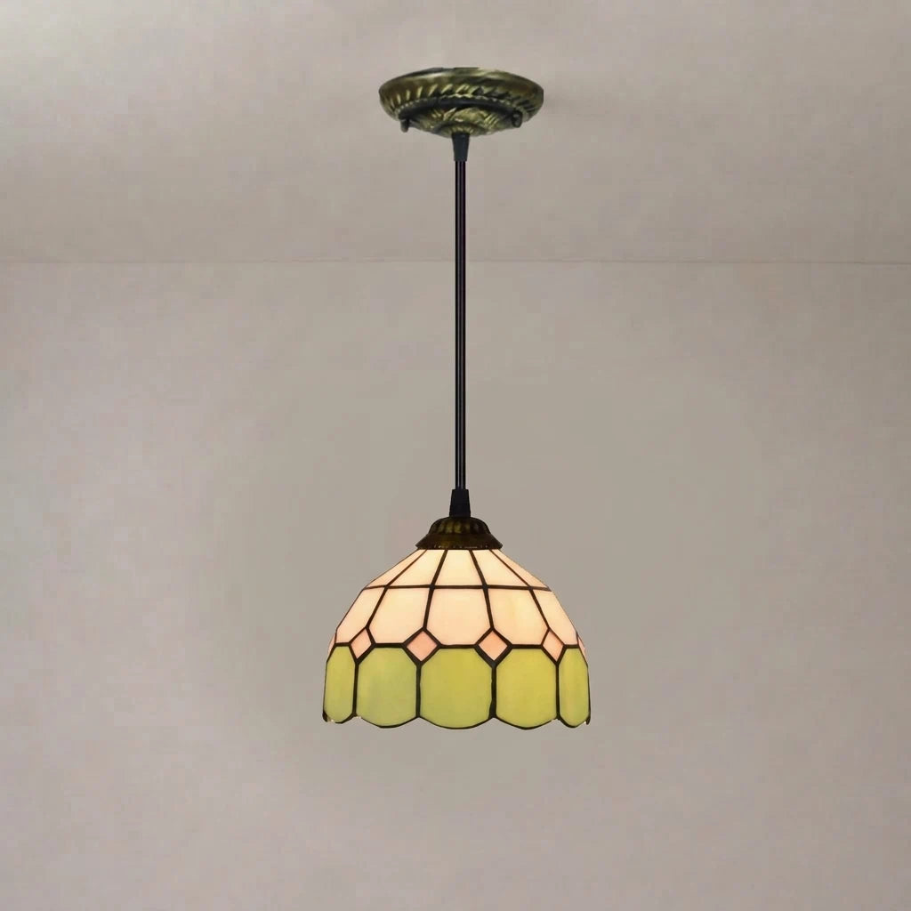 Tiffany Style Stained Glass Pendant Light Green and White Floral Mosaic Hanging Lamp