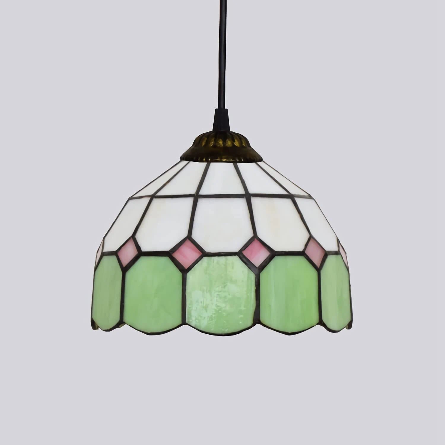 Tiffany Style Stained Glass Pendant Light Green and White Floral Mosaic Hanging Lamp