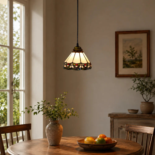 Vintage Tiffany Style Stained Glass Pendant Light Pastoral Ivory Floral Accent Hanging Lamp