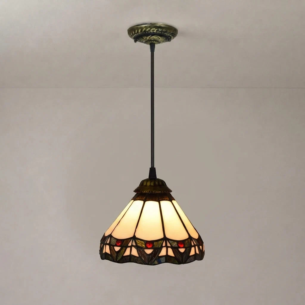 Vintage Tiffany Style Stained Glass Pendant Light Pastoral Ivory Floral Accent Hanging Lamp