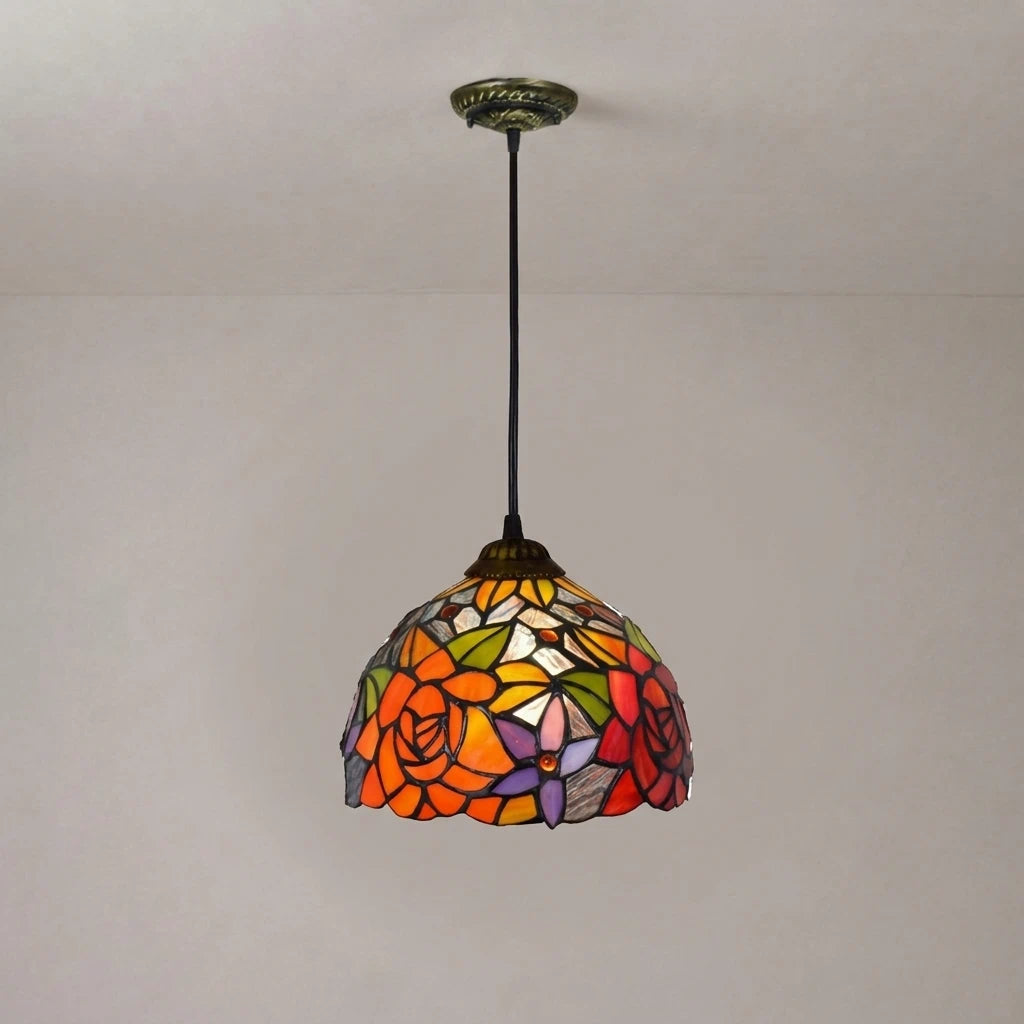 Tiffany Style Stained Glass Pendant Light Vintage Pastoral Colorful Floral Mosaic Hanging Lamp