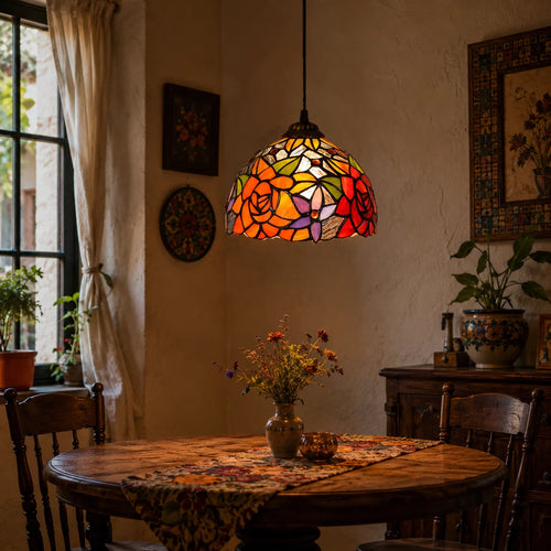 Tiffany Style Stained Glass Pendant Light Vintage Pastoral Colorful Floral Mosaic Hanging Lamp
