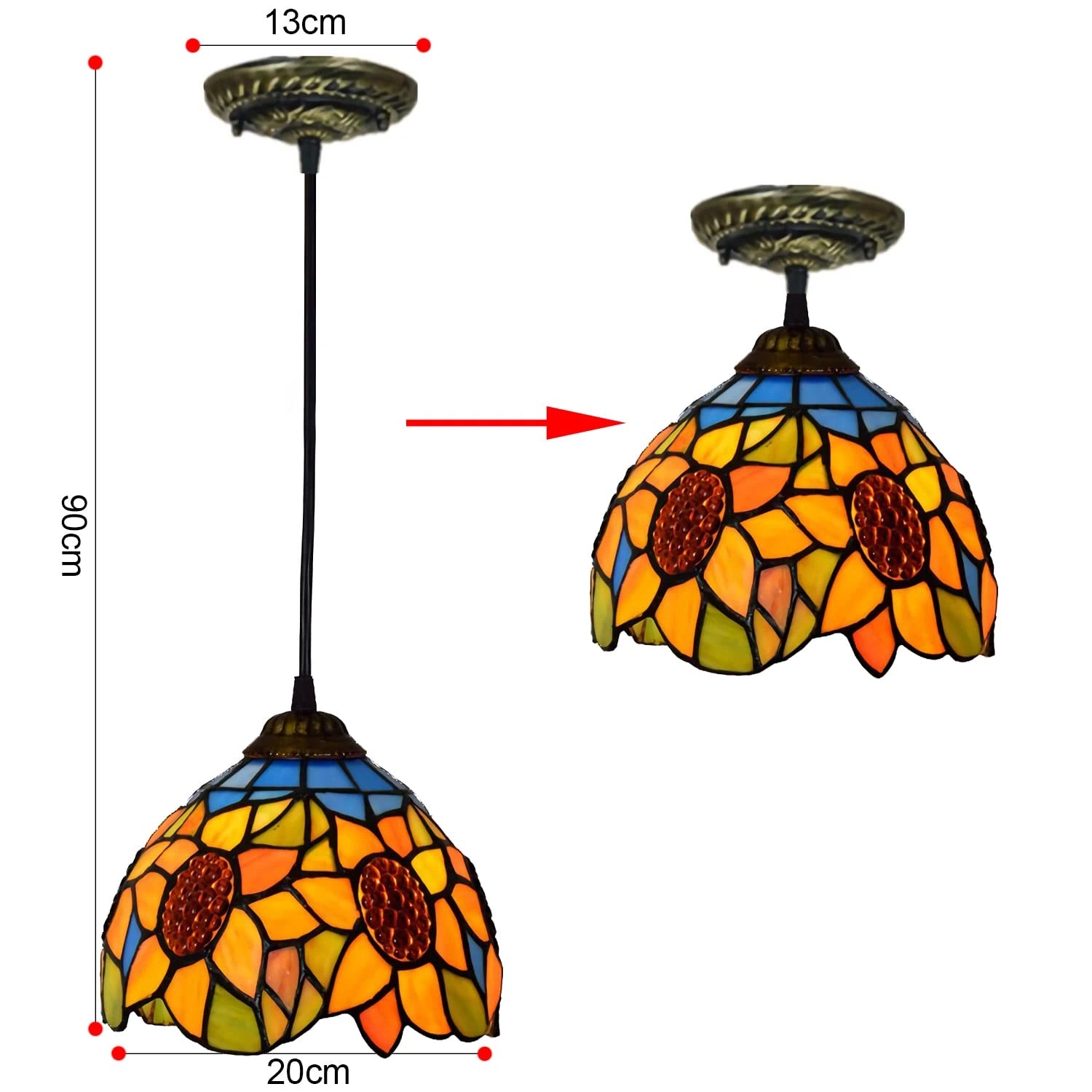 Tiffany Vintage Stained Glass Sunflower Pendant Light Retro Small Floral Hanging Lamp